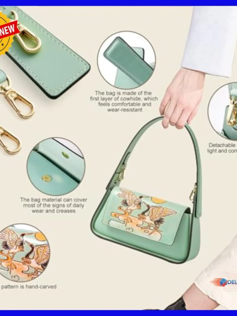 Genuine Leather Hobo Bag with Hand-Painted Pattern Adjustable Strap